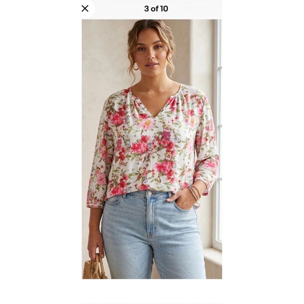 Anne Carson Womens 3/4 Sleeve Floral Rayon Blouse Top Size L  V-Neck Casual